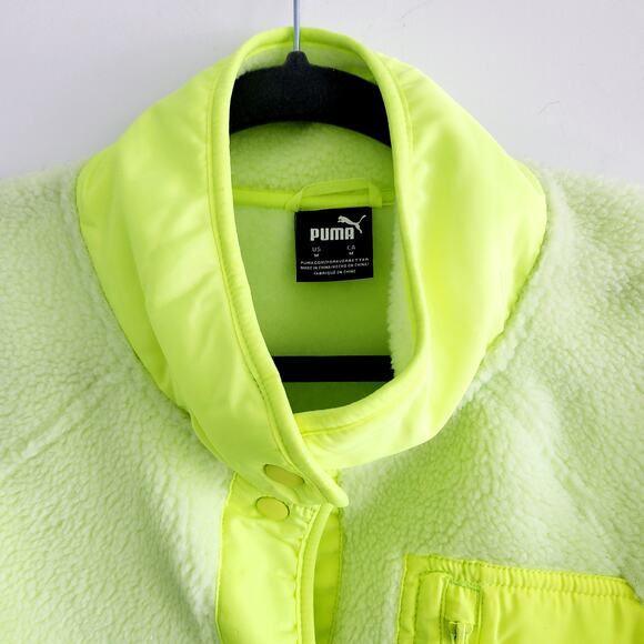 Puma Neon Yellow Button Down Sherpa Fleece Jacket w Pockets Woman's Size Medium - Picture 3 of 5